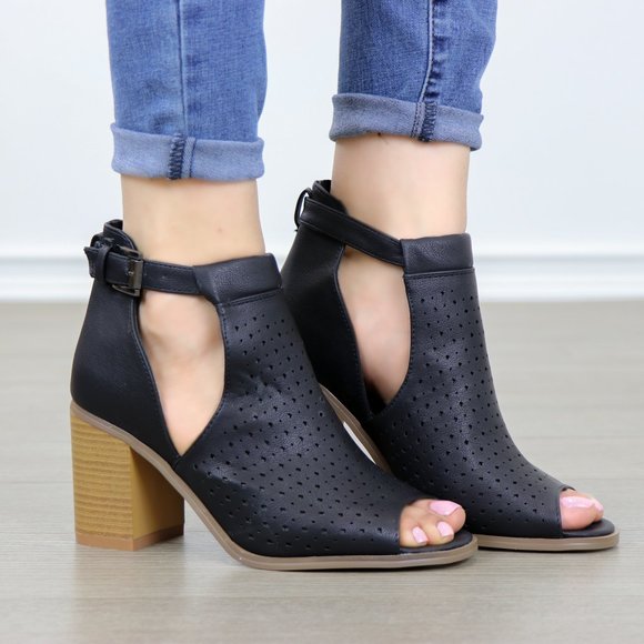 Peep Toe Black Faux Leather Heeled Ankle Boots - Picture 7 of 8